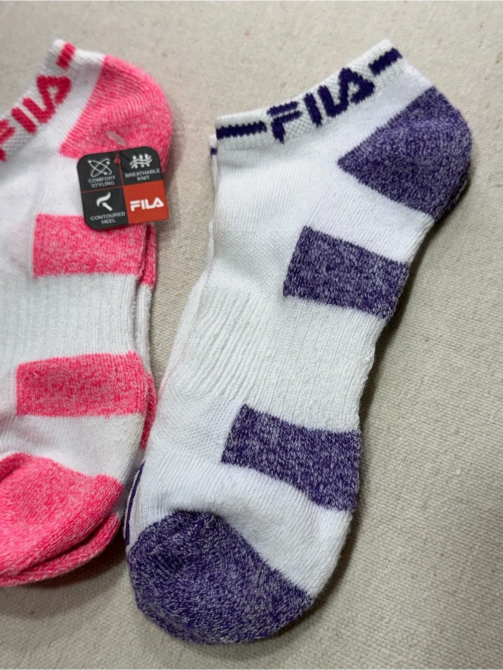 Fila White Low-Cut Socks with Pink and Purple Accents - 3 Pack - NWT